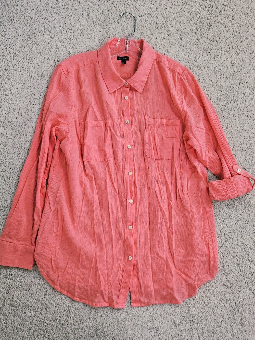 Talbots Gauzy Button Up Shirt Pink Coral Lightweight Womens XL Roll Tab Collar